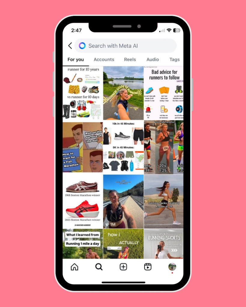 phone with instagram grid of running memes